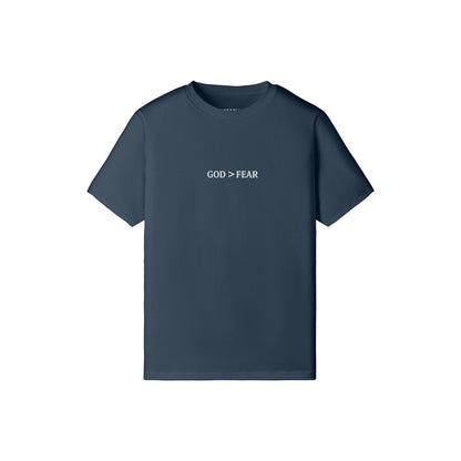 Omina Studio navy blue 100% cotton crew neck t-shirt with "GOD > FEAR" graphic. Slim fit, cropped silhouette.