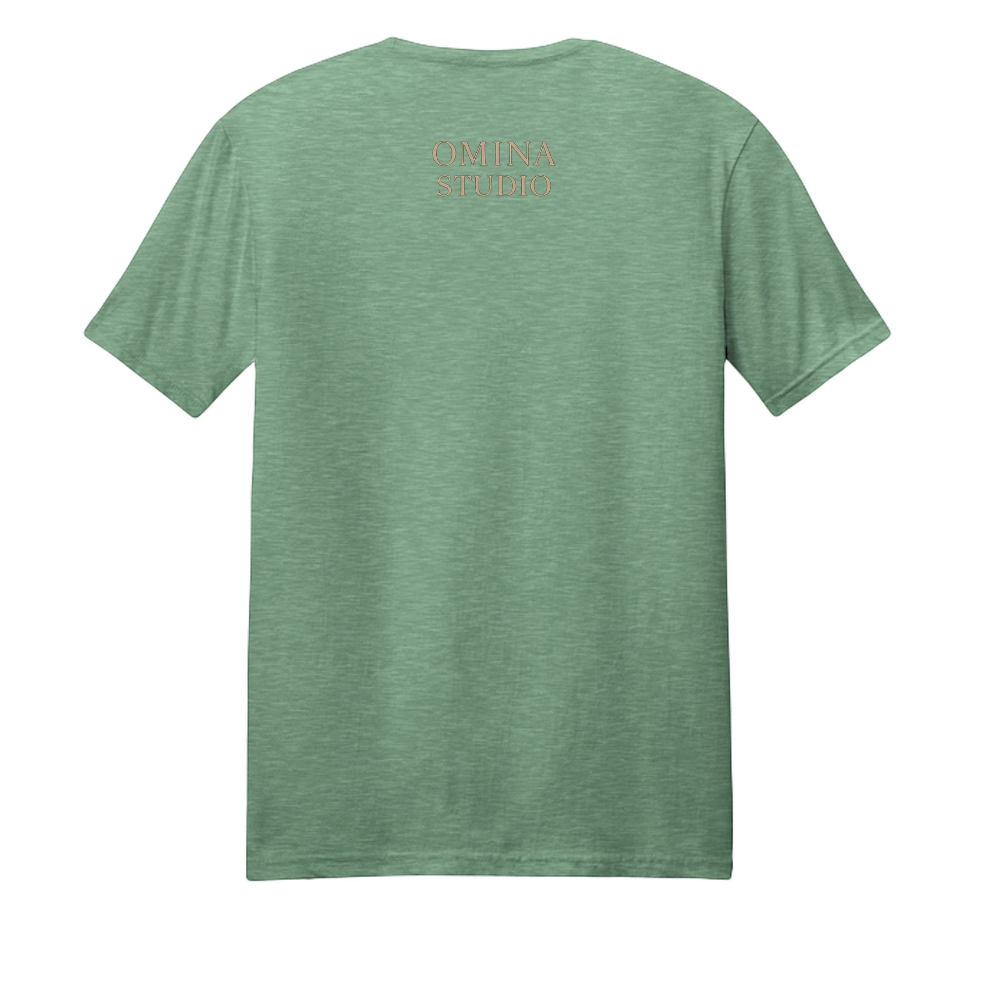 Omina Studio green heather cotton t-shirt with a subtle graphic print on the back.