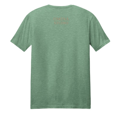 Omina Studio green heather cotton t-shirt with a subtle graphic print on the back.