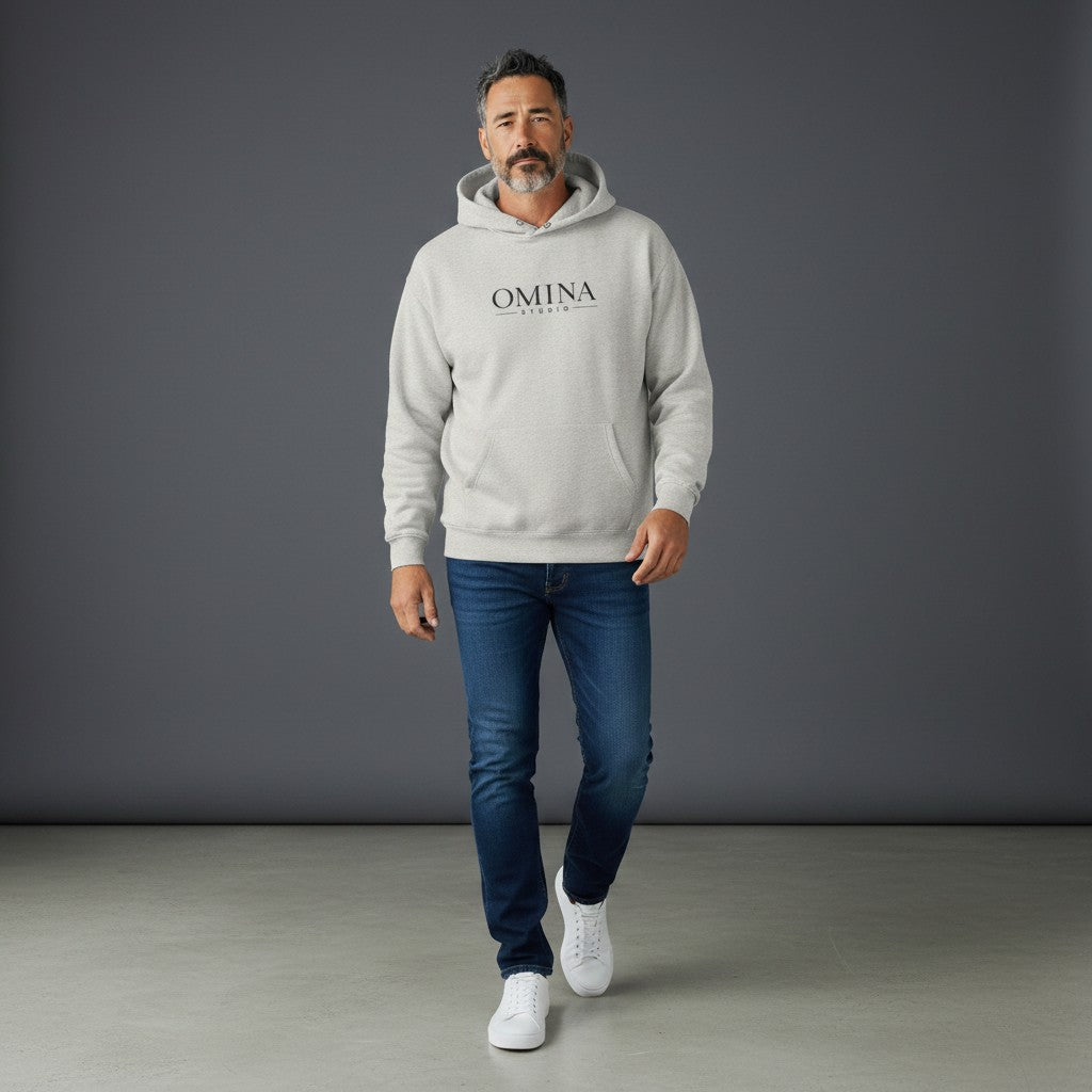 Omina Studio light grey heavyweight cotton hoodie with snap button high collar and kangaroo pocket.