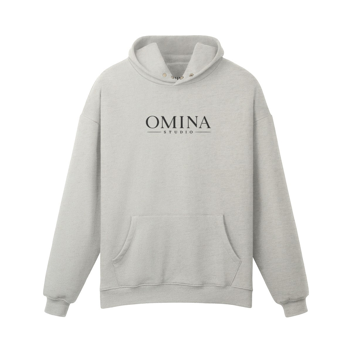 Omina Studio light grey heavyweight cotton hoodie with snap button high collar and kangaroo pocket.