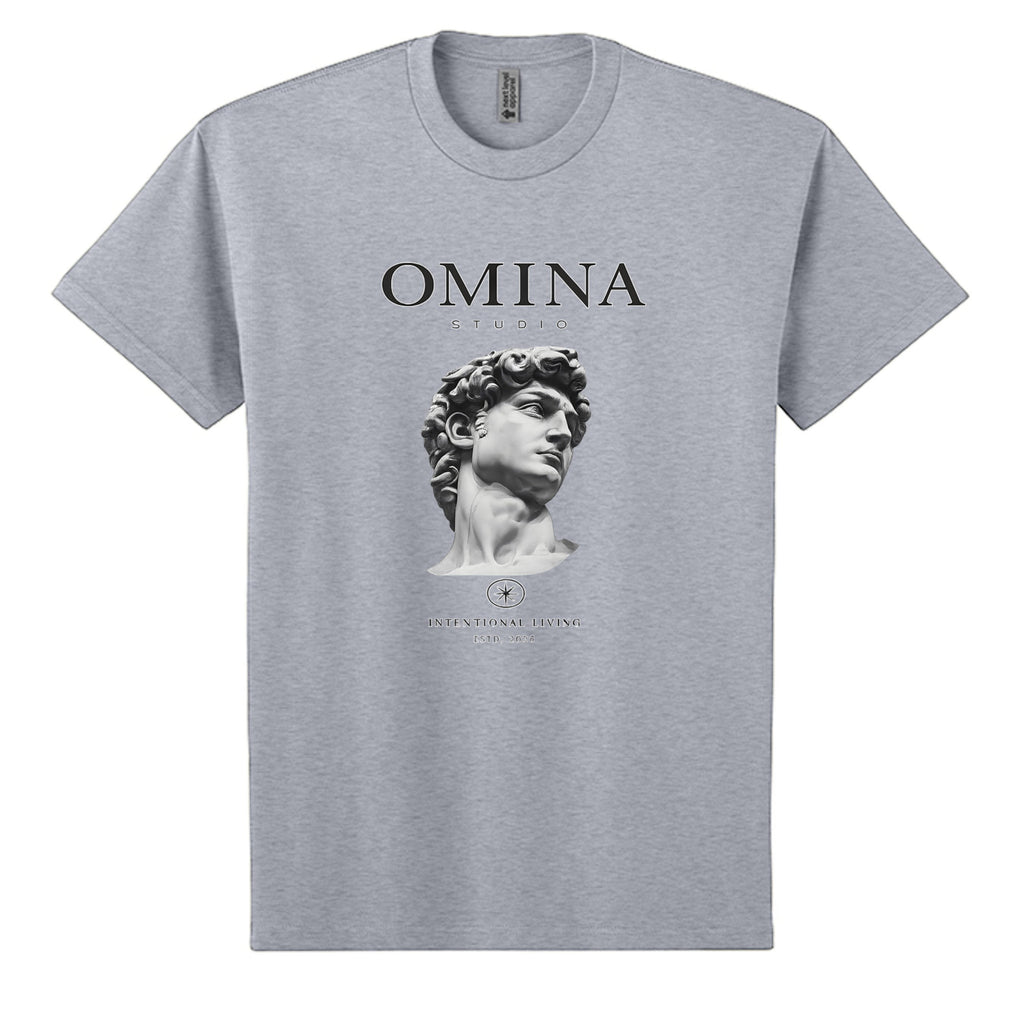 OMINA Studio grey heavyweight cotton t-shirt with a relaxed fit, featuring a graphic of Michelangelo's David bust and "Intentional Living" text.