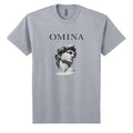 OMINA Studio grey heavyweight cotton t-shirt with a relaxed fit, featuring a graphic of Michelangelo's David bust and "Intentional Living" text.