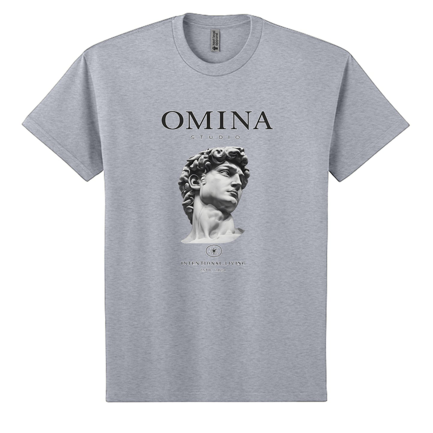 OMINA Studio grey heavyweight cotton t-shirt with a relaxed fit, featuring a graphic of Michelangelo's David bust and "Intentional Living" text.