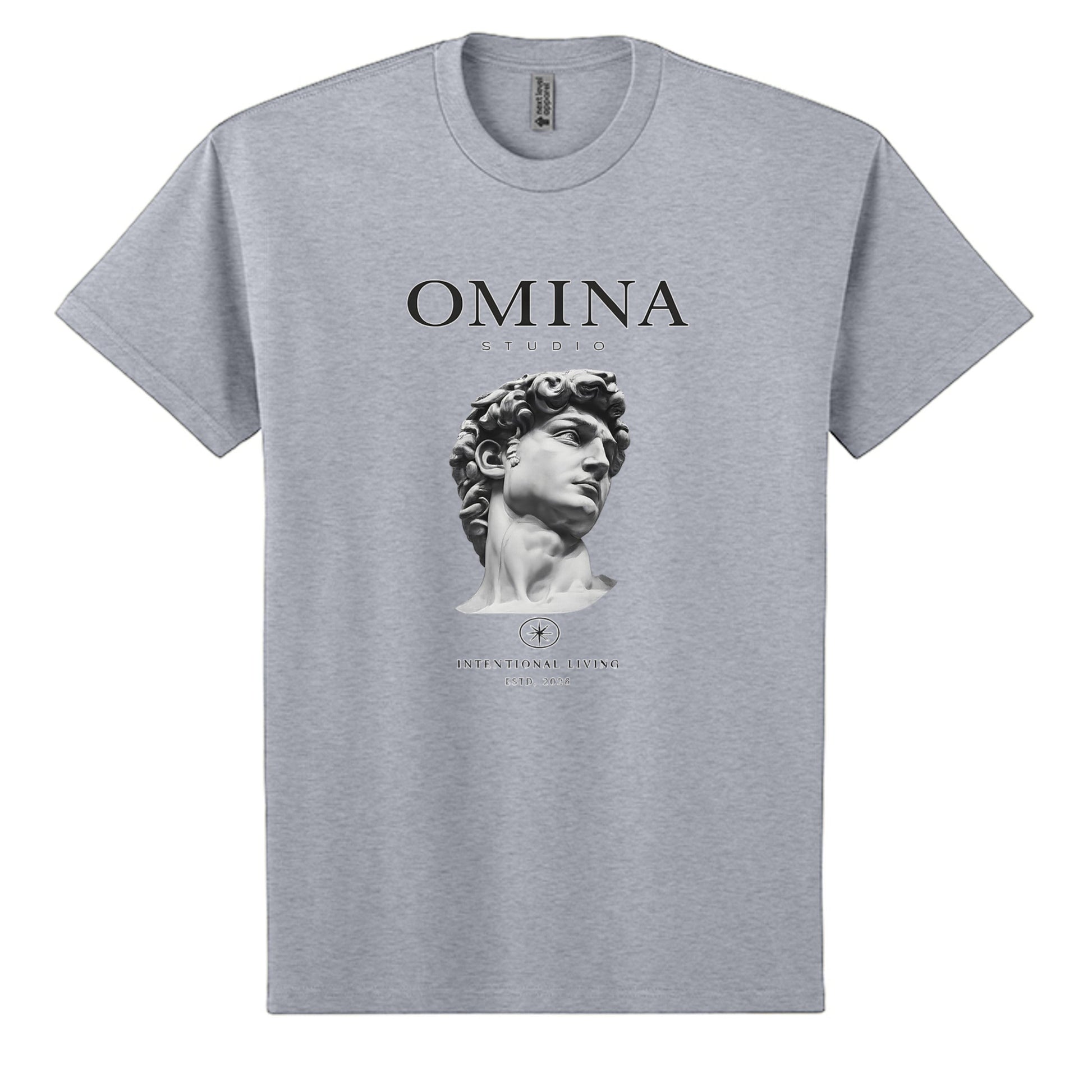 OMINA Studio grey heavyweight cotton t-shirt with a relaxed fit, featuring a graphic of Michelangelo's David bust and "Intentional Living" text.