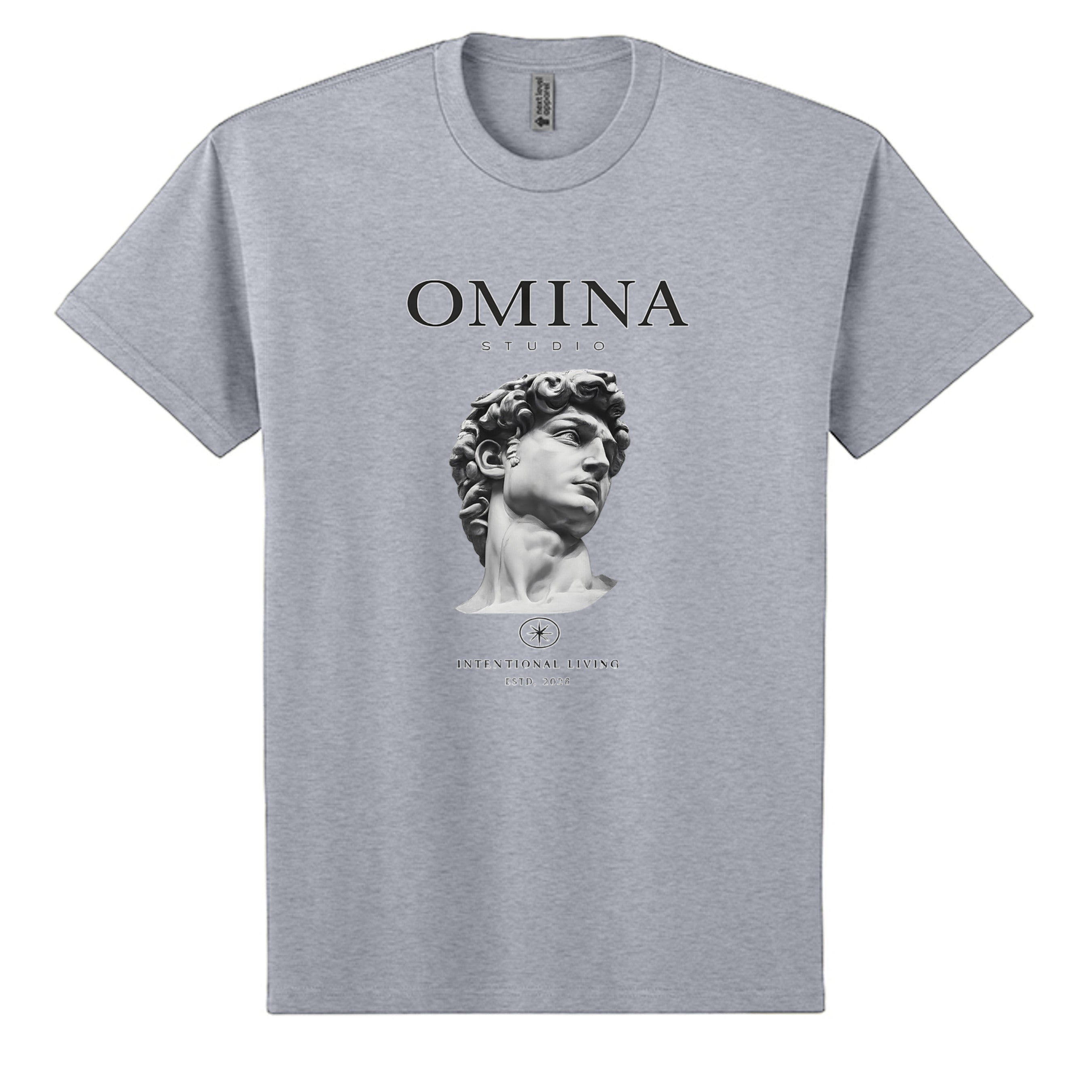 OMINA Studio grey heavyweight cotton t-shirt with a relaxed fit, featuring a graphic of Michelangelo's David bust and "Intentional Living" text.