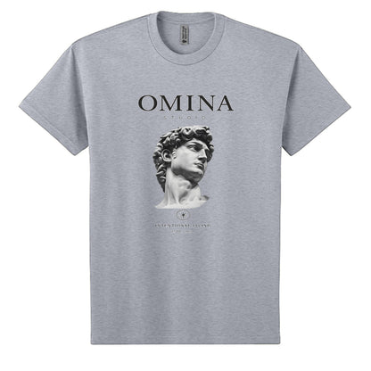 OMINA Studio grey heavyweight cotton t-shirt with a relaxed fit, featuring a graphic of Michelangelo's David bust and "Intentional Living" text.