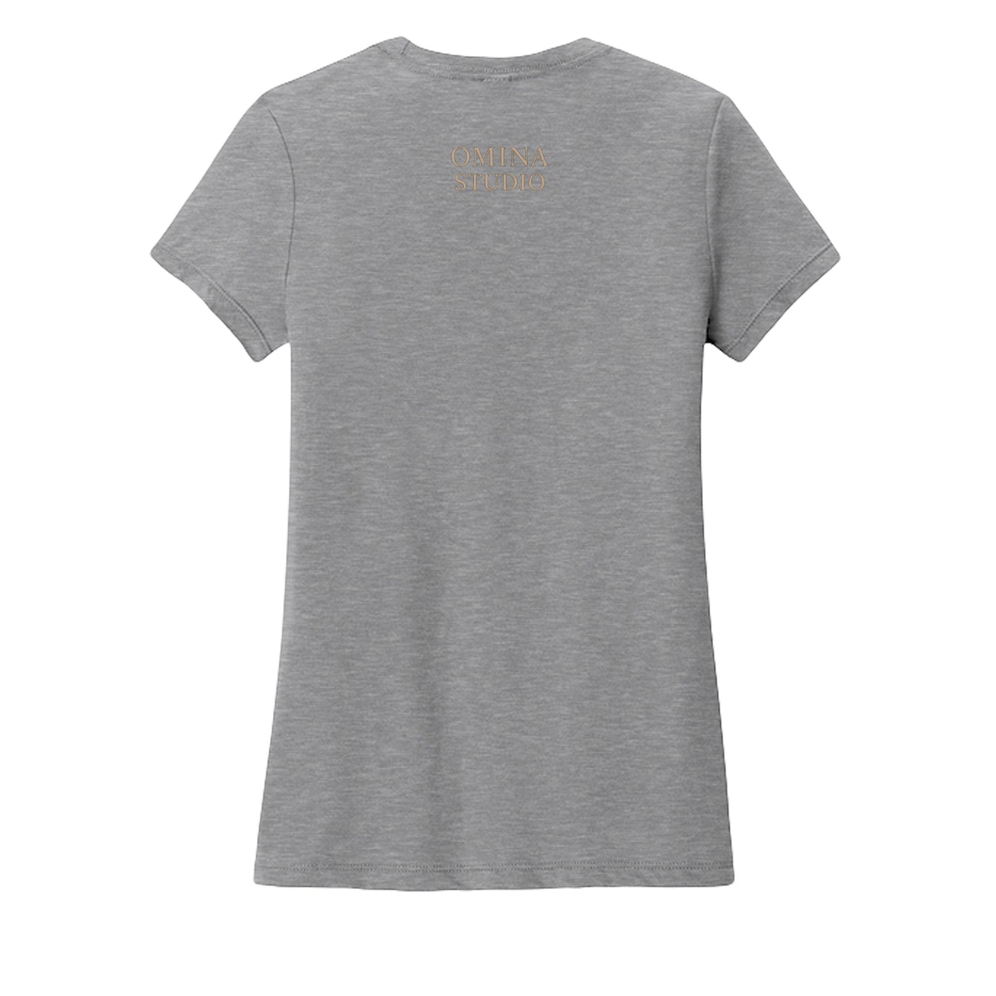 Omina Studio grey cotton t-shirt with a crew neck and short sleeves, featuring a subtle Omina Studio logo on the back.