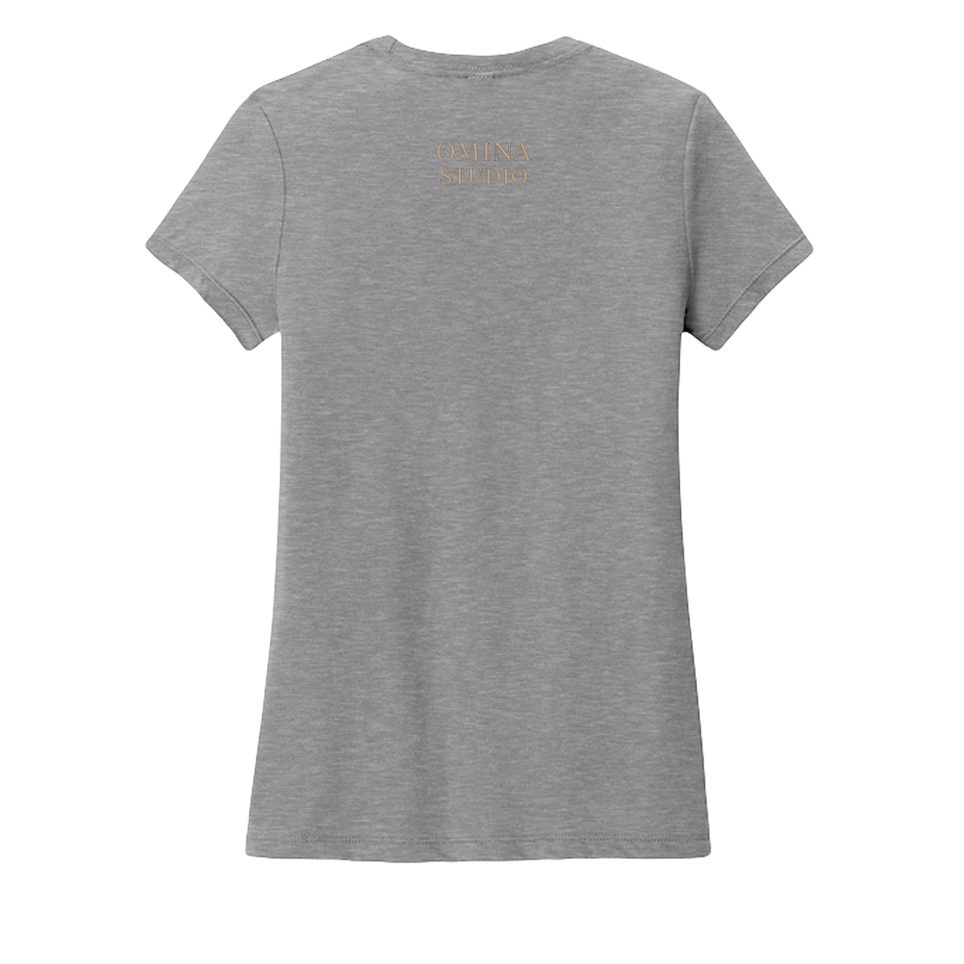 Omina Studio grey cotton t-shirt with a crew neck and short sleeves, featuring a subtle Omina Studio logo on the back.