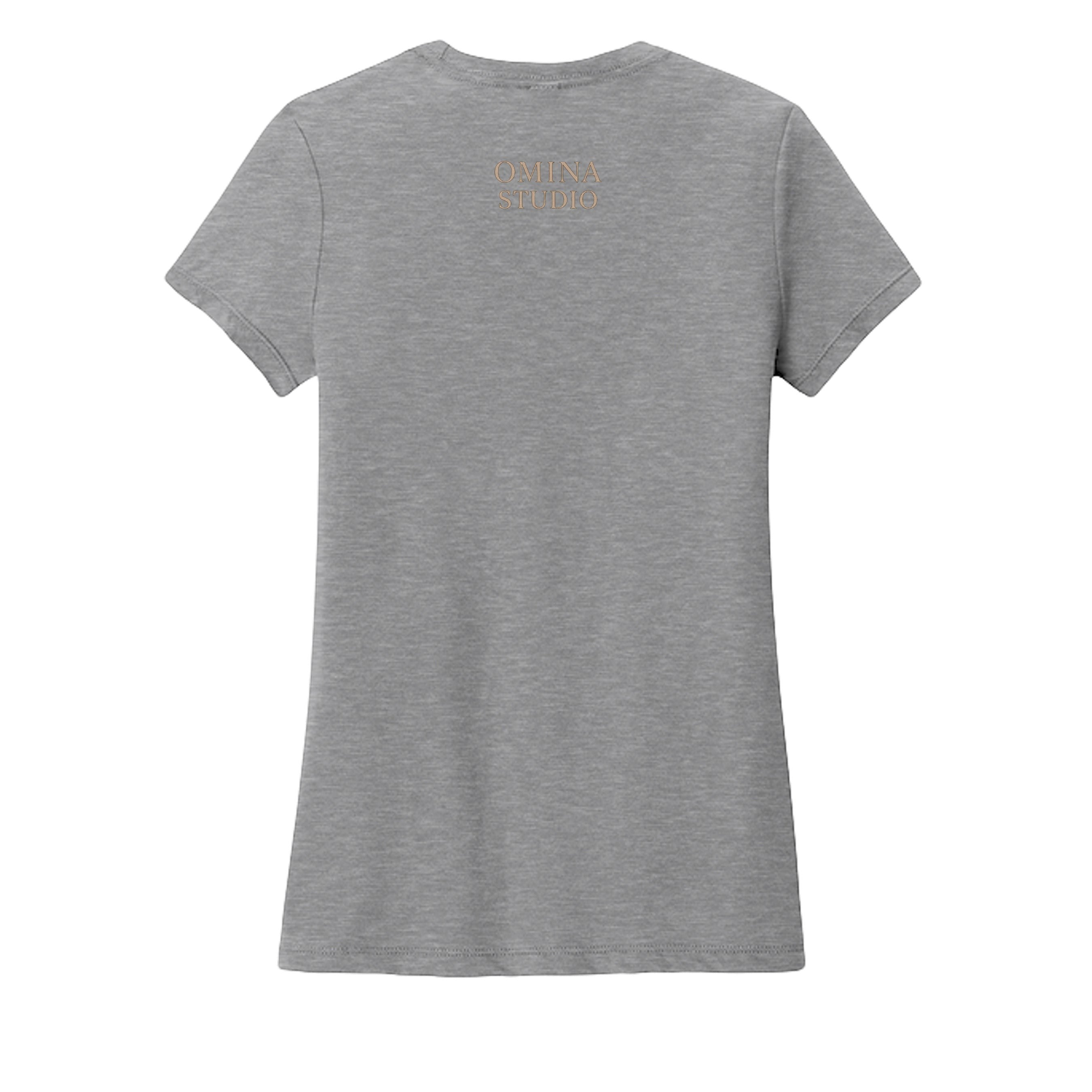 Omina Studio grey cotton t-shirt with a crew neck and short sleeves, featuring a subtle Omina Studio logo on the back.