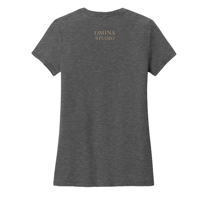 OMINA Studio dark grey heathered cotton t-shirt with crew neck and short sleeves, featuring subtle gold logo on back.