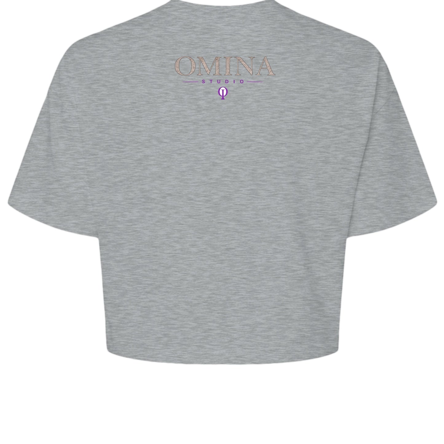 Omina Studio grey cropped heavyweight tee with minimalist front logo and "MOVE WITH INTENTION." typography on back.