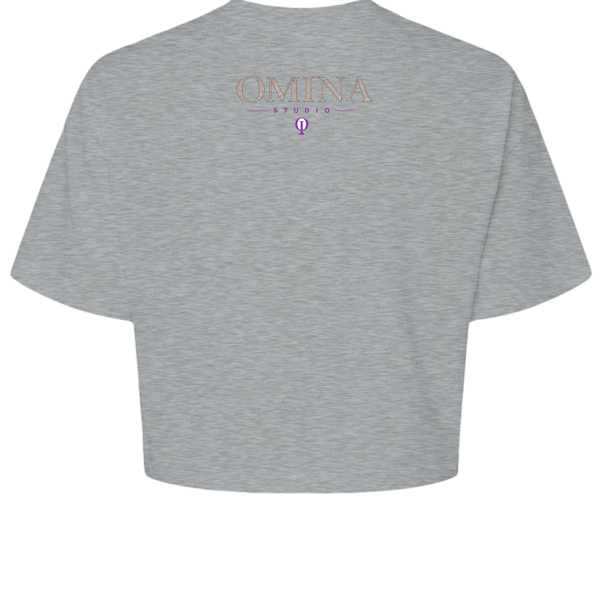 Omina Studio grey cropped heavyweight tee with minimalist front logo and "MOVE WITH INTENTION." typography on back.