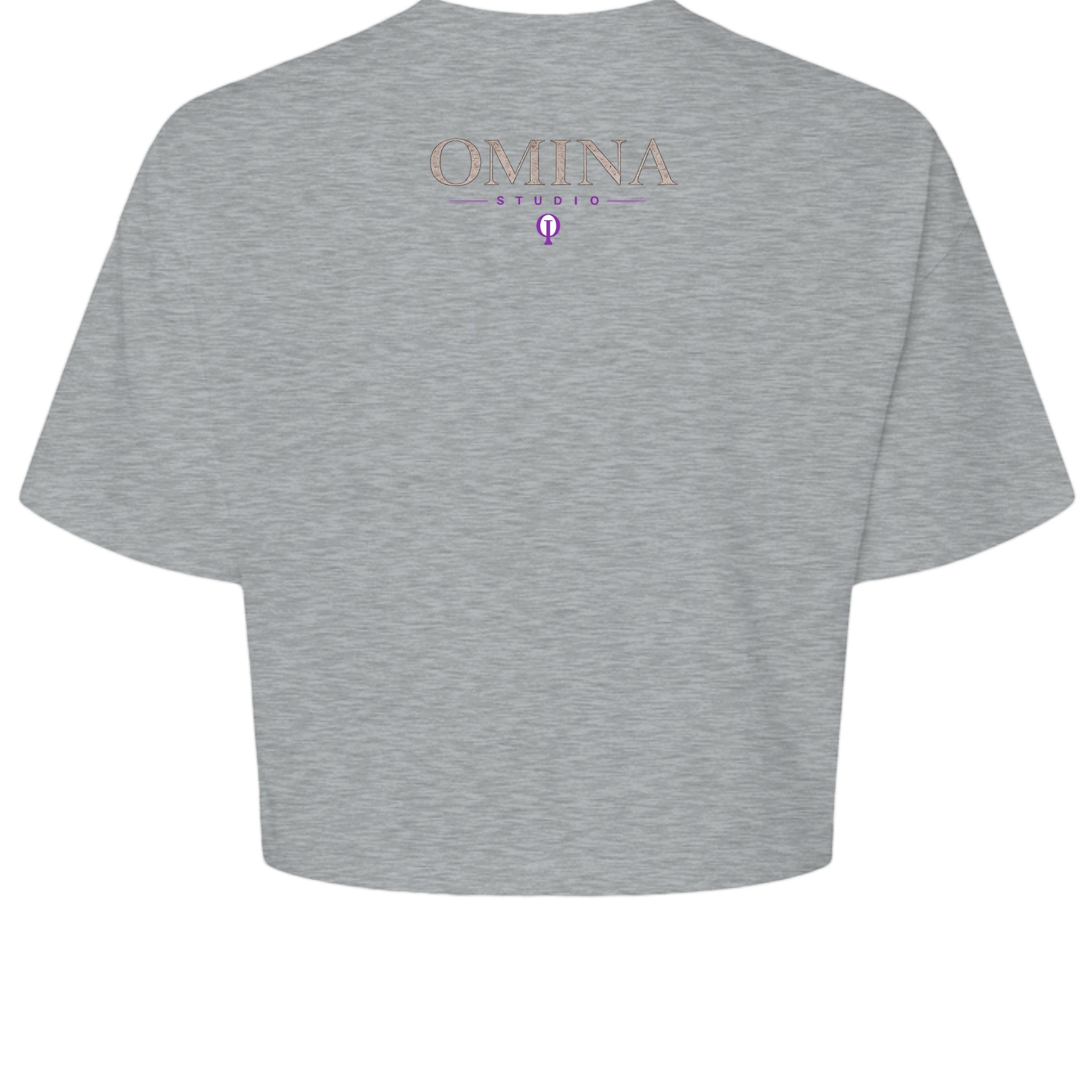 Omina Studio grey cropped heavyweight tee with minimalist front logo and "MOVE WITH INTENTION." typography on back.