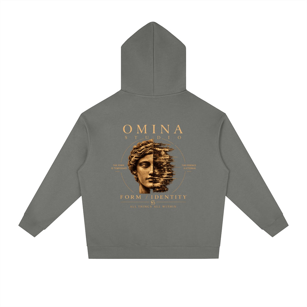 Omina Studio grey heavyweight fleece hoodie with a drop-shoulder silhouette and graphic print of a classical bust.