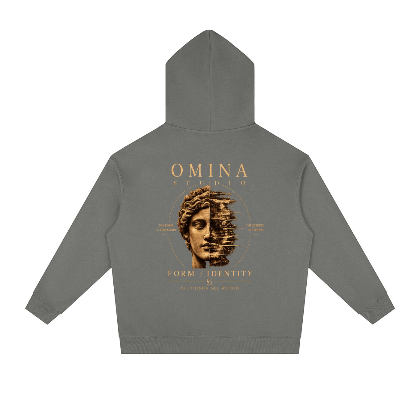 Omina Studio grey heavyweight fleece hoodie with drop shoulders and graphic print of a statue's face.