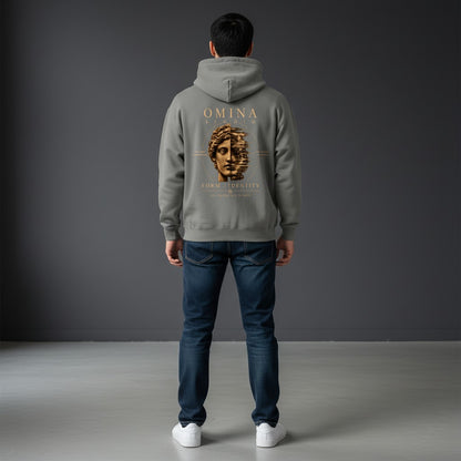 Omina Studio grey heavyweight fleece hoodie with drop shoulders and graphic print of a statue's face.