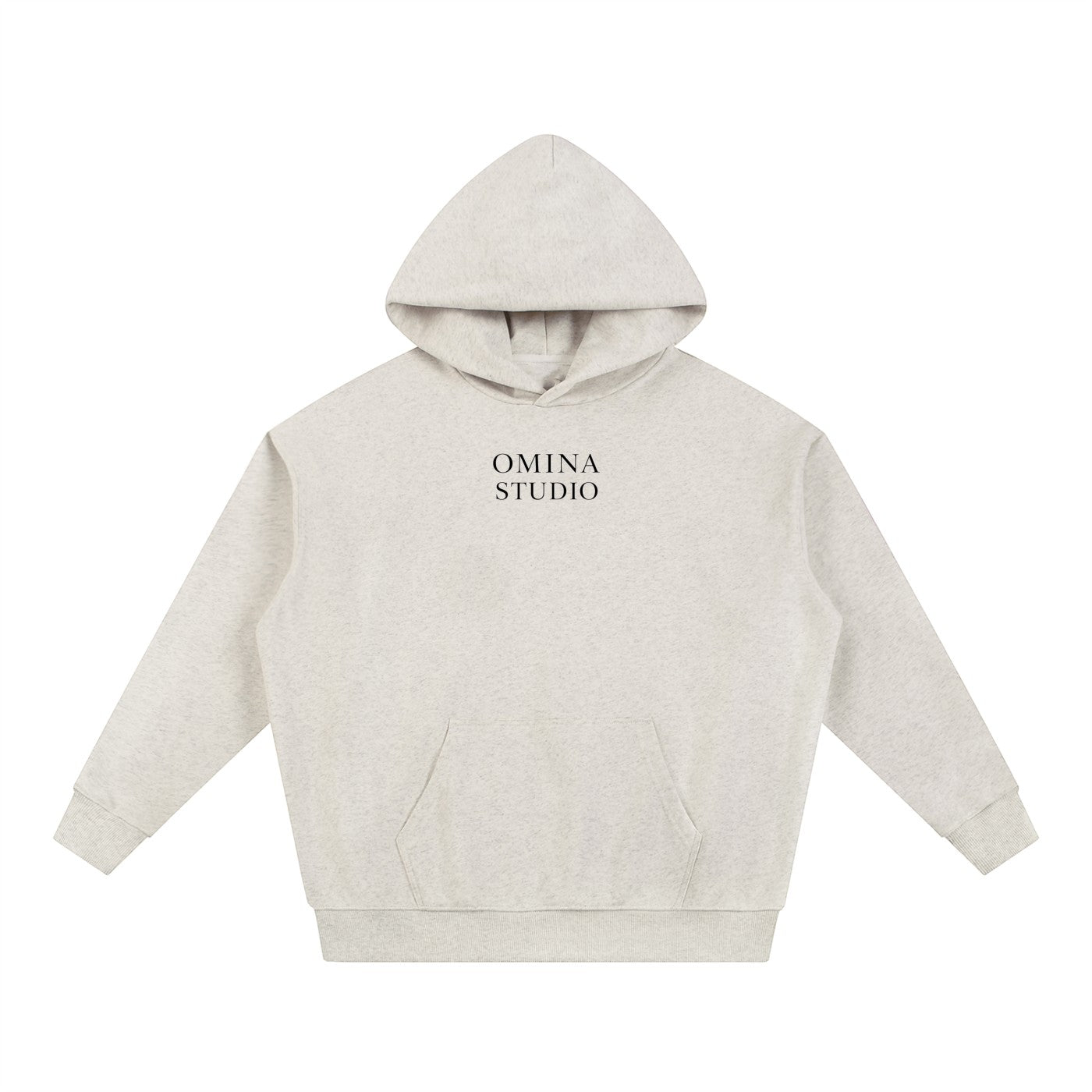 Omina Studio light grey heavyweight cotton blend hoodie with front pocket and minimalist logo.