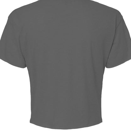 Omina Studio women's relaxed fit grey cropped t-shirt with raw edge hem and sleeves, featuring a Medusa bust graphic.