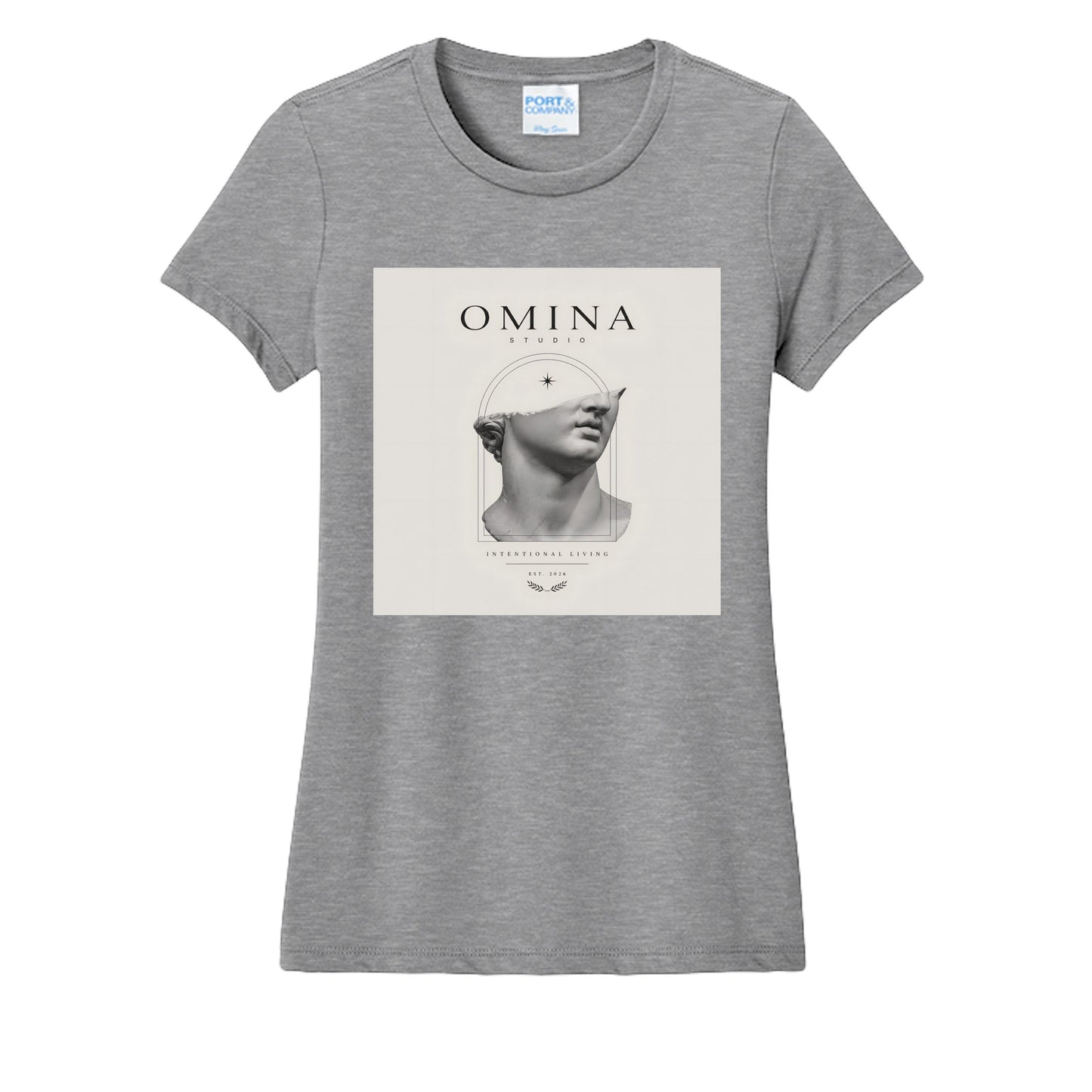 Omina Studio grey cotton t-shirt with a graphic of a classical half-bust statue head and OMINA STUDIO text.