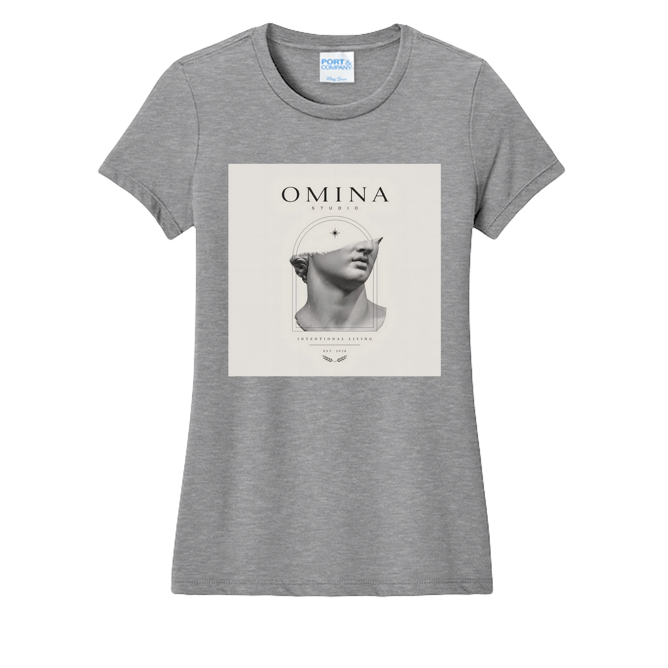 Omina Studio grey cotton t-shirt with a graphic of a classical half-bust statue head and OMINA STUDIO text.