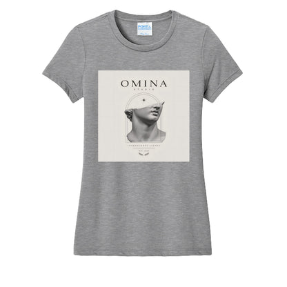 Omina Studio grey cotton t-shirt with a graphic of a classical half-bust statue head and OMINA STUDIO text.