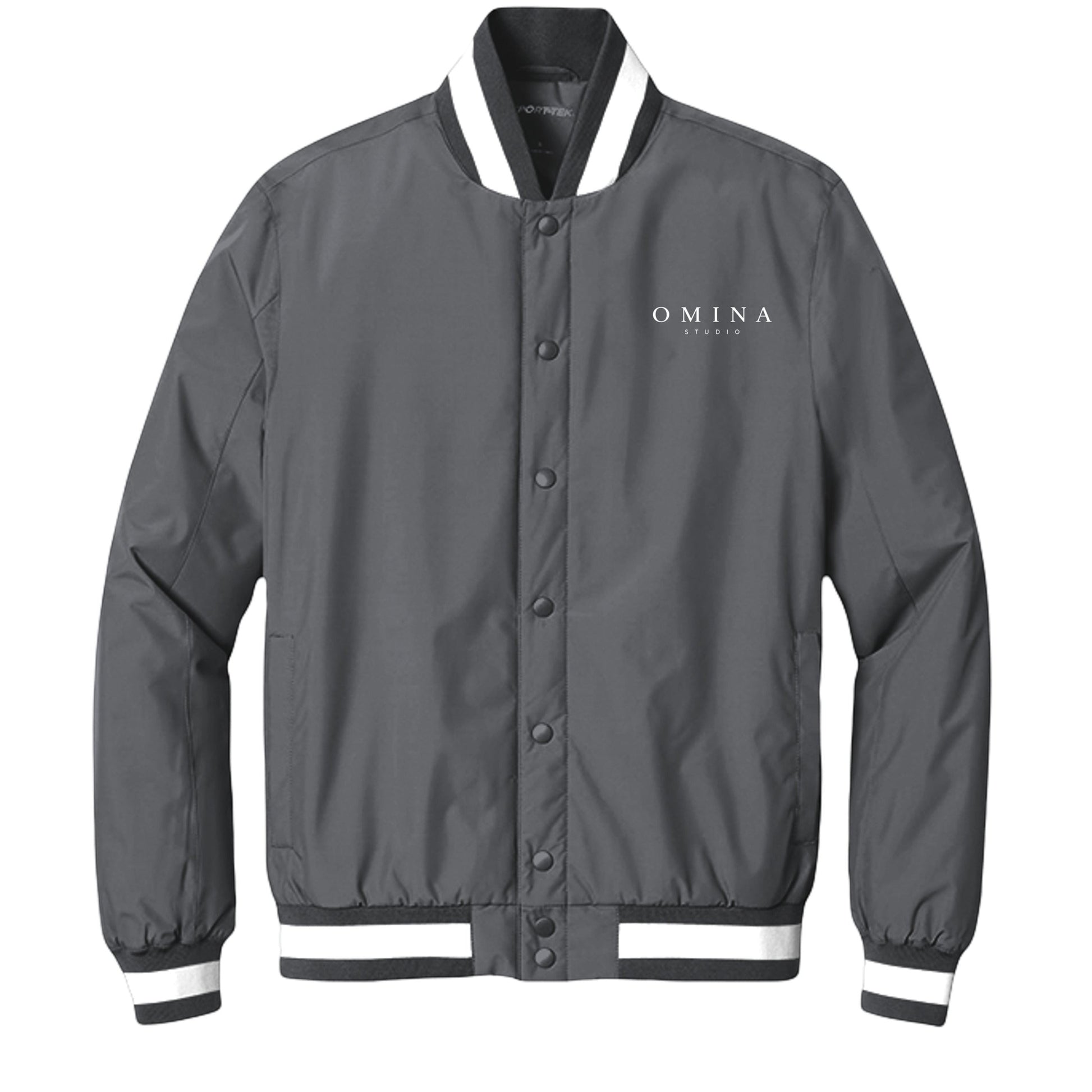OMINA Studio grey insulated varsity jacket with white striped collar and cuffs, snap-button front, and logo.