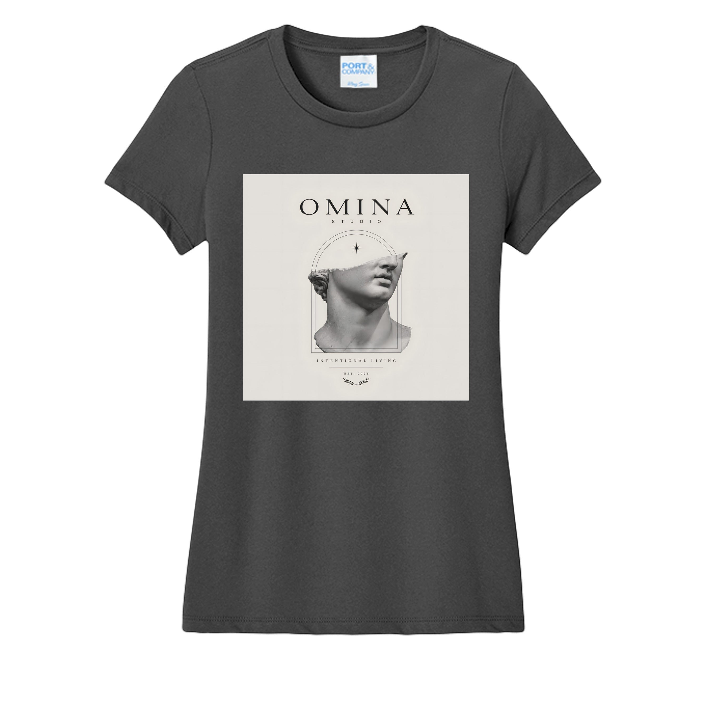 OMINA Studio dark grey cotton t-shirt with a graphic of a classical half-bust statue head and "OMINA STUDIO INTENTIONAL LIVING" text.