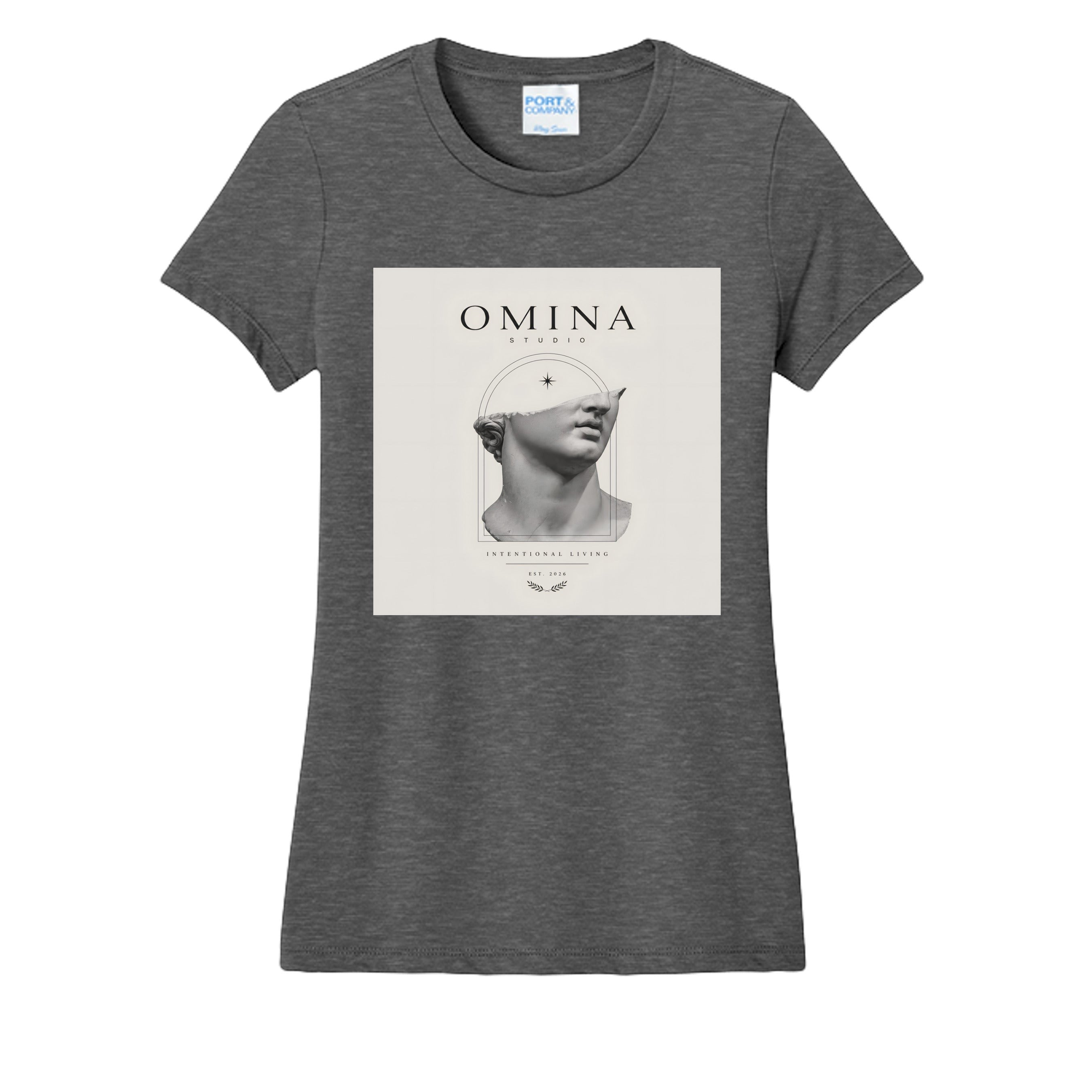 Omina Studio dark grey cotton t-shirt with a graphic of a classical half-bust statue head and "OMINA STUDIO" text.