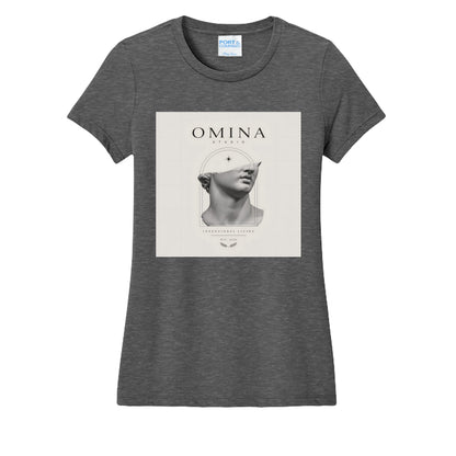 Omina Studio dark grey cotton t-shirt with a graphic of a classical half-bust statue head and "OMINA STUDIO" text.