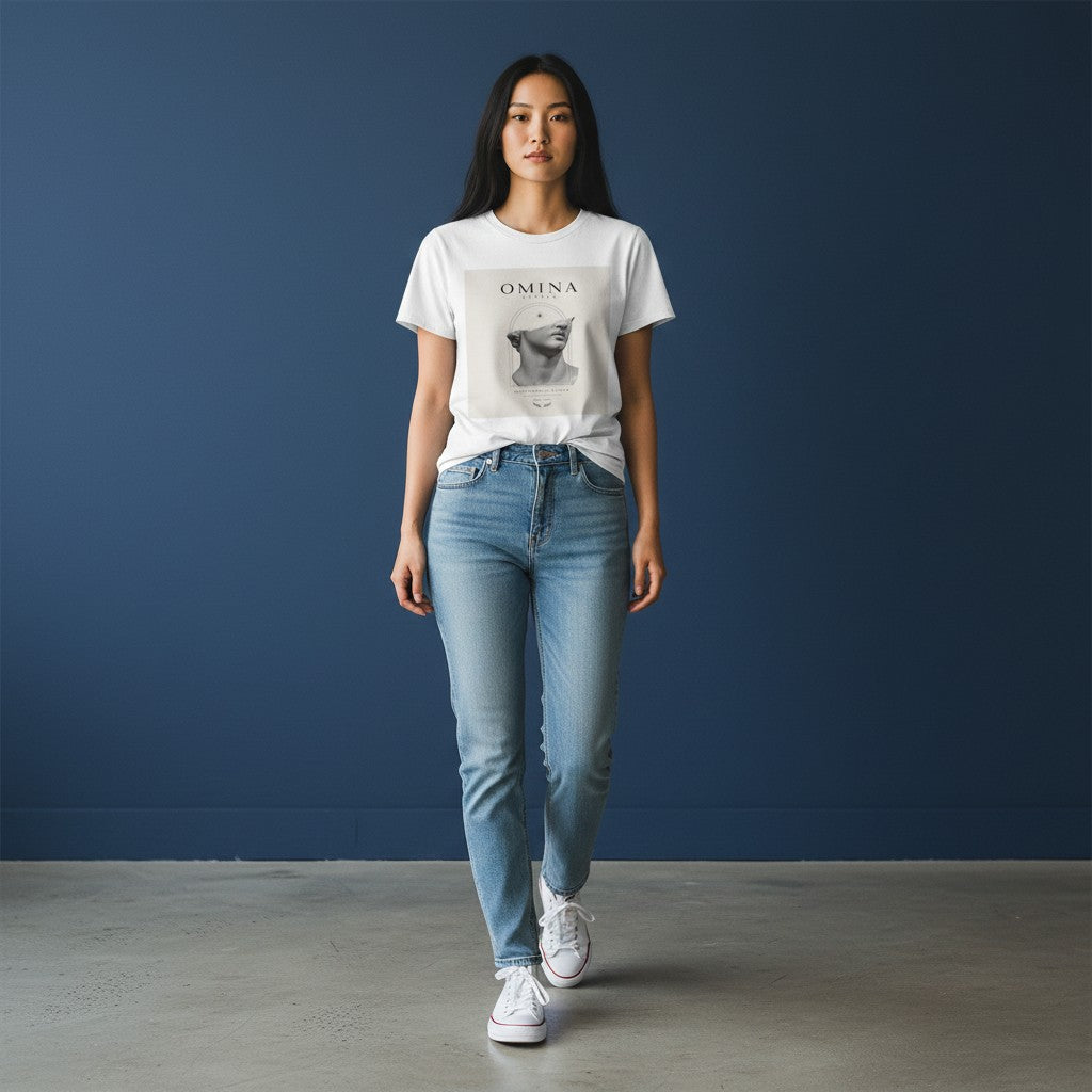 OMINA Studio white cotton t-shirt with a graphic of a classical half-bust statue and text.