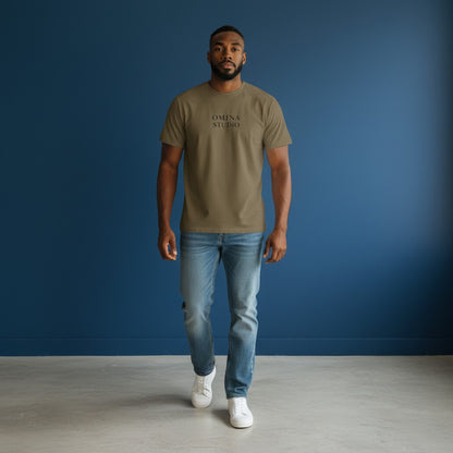 Omina Studio heavyweight cotton t-shirt in olive green with drop shoulders and subtle logo detail.