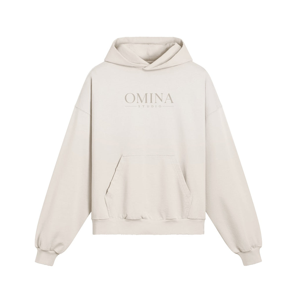 Omina Studio heavyweight cream cotton hoodie with kangaroo pocket and minimalist front logo. Boxy fit.