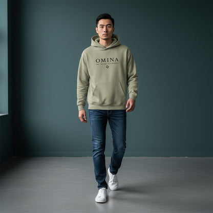 Omina Studio khaki heavyweight fleece drop-shoulder hoodie with black text logo and symbol on chest.