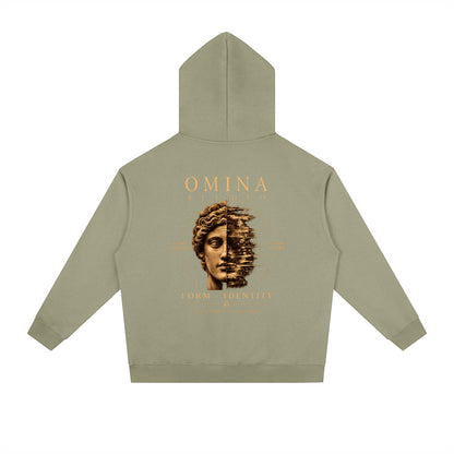 Omina Studio heavyweight olive green hoodie with a graphic print of a classical bust dissolving into digital pixels.