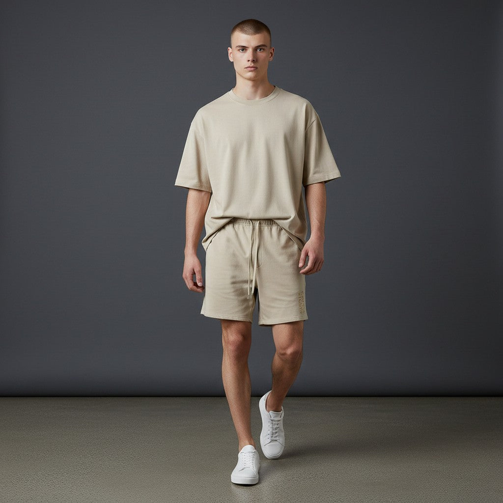 Omina Studio heavyweight beige French terry cotton shorts with drawstring and side pockets.