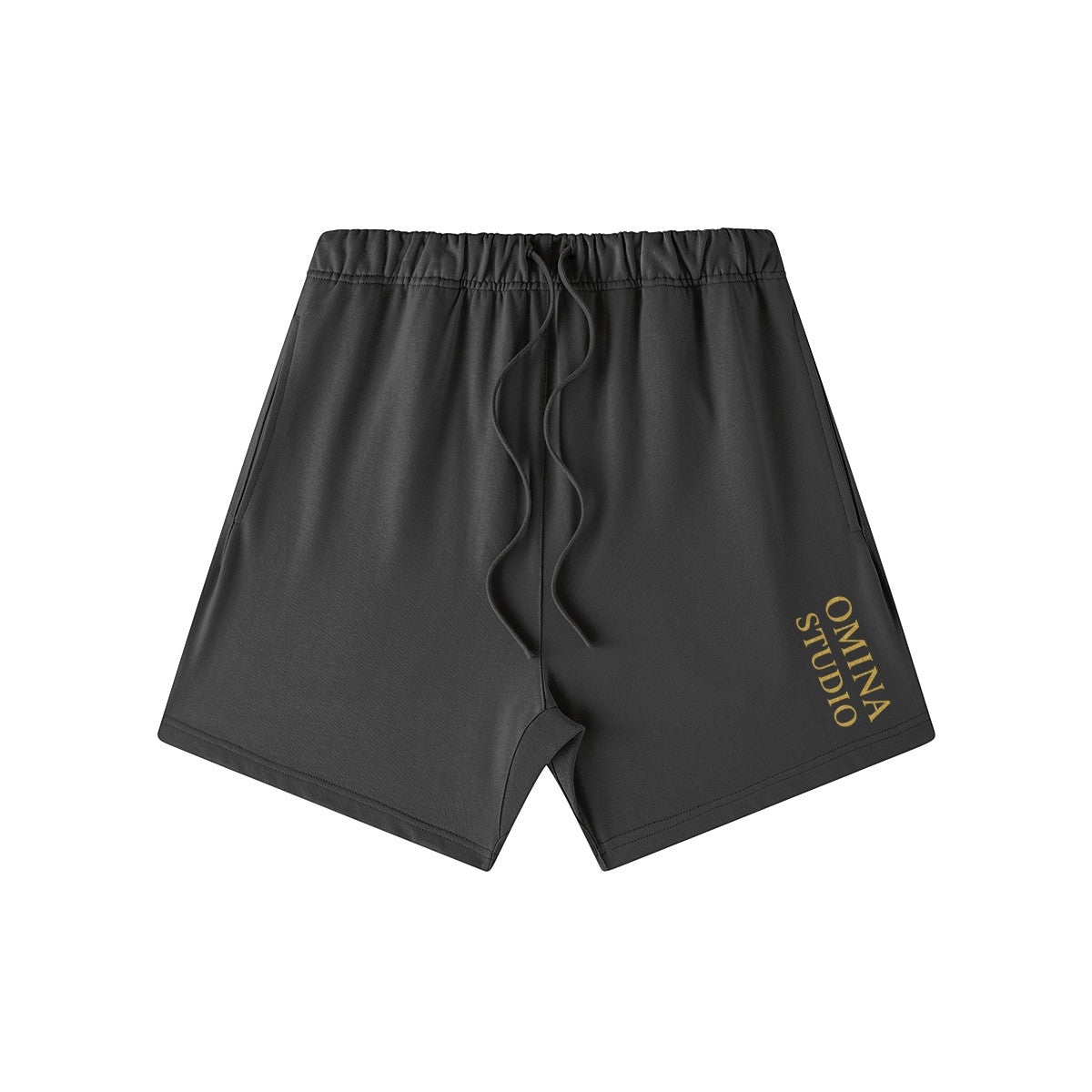 Omina Studio heavyweight charcoal French terry cotton shorts with drawstring and side pockets.