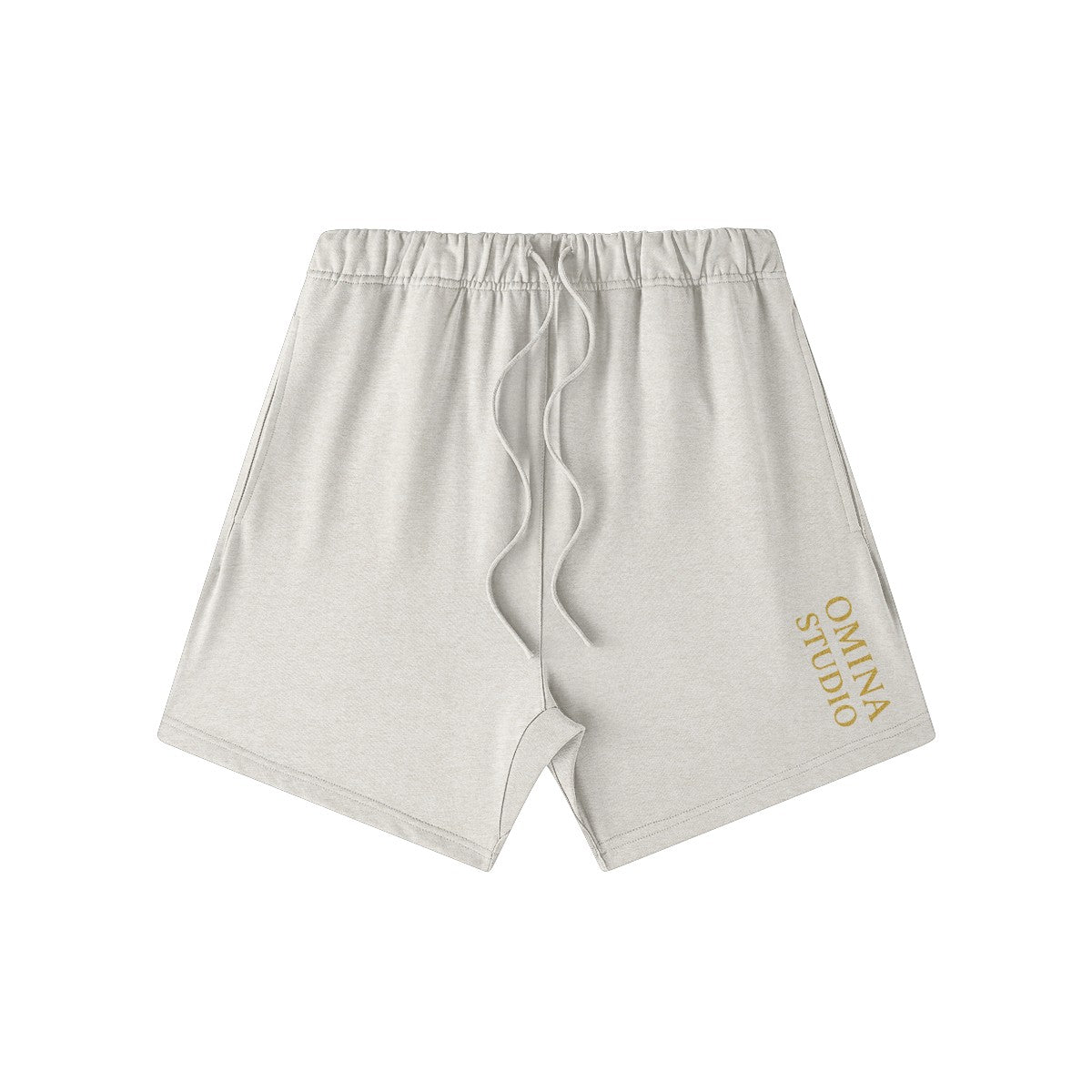 Omina Studio light grey heavyweight French terry cotton shorts with drawstring and gold logo