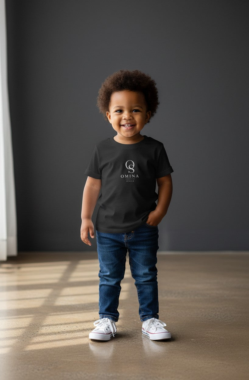 Omina Studio black infant t-shirt made from soft, breathable cotton with a classic fit and minimalist logo.
