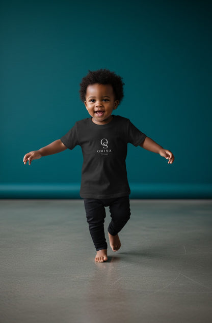 Omina Studio black infant t-shirt made from soft, breathable cotton with a classic fit and minimalist logo.