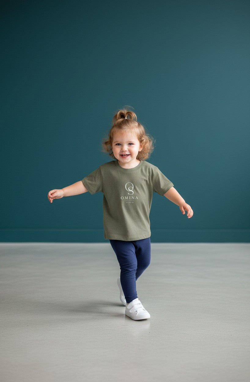 Omina Studio olive green infant t-shirt made from soft, breathable cotton with a classic fit and minimalist logo.