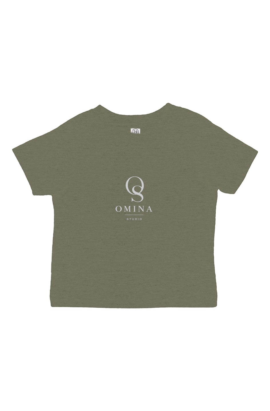 Omina Studio olive green infant t-shirt made from soft, breathable cotton with a classic fit and minimalist logo.
