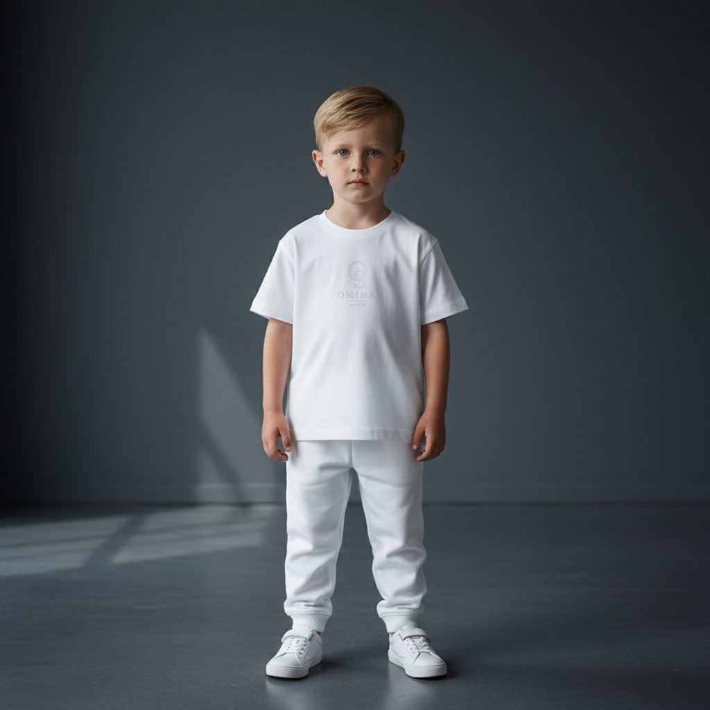 Omina Studio white infant t-shirt made from soft, breathable fine jersey cotton with a classic fit and subtle logo.