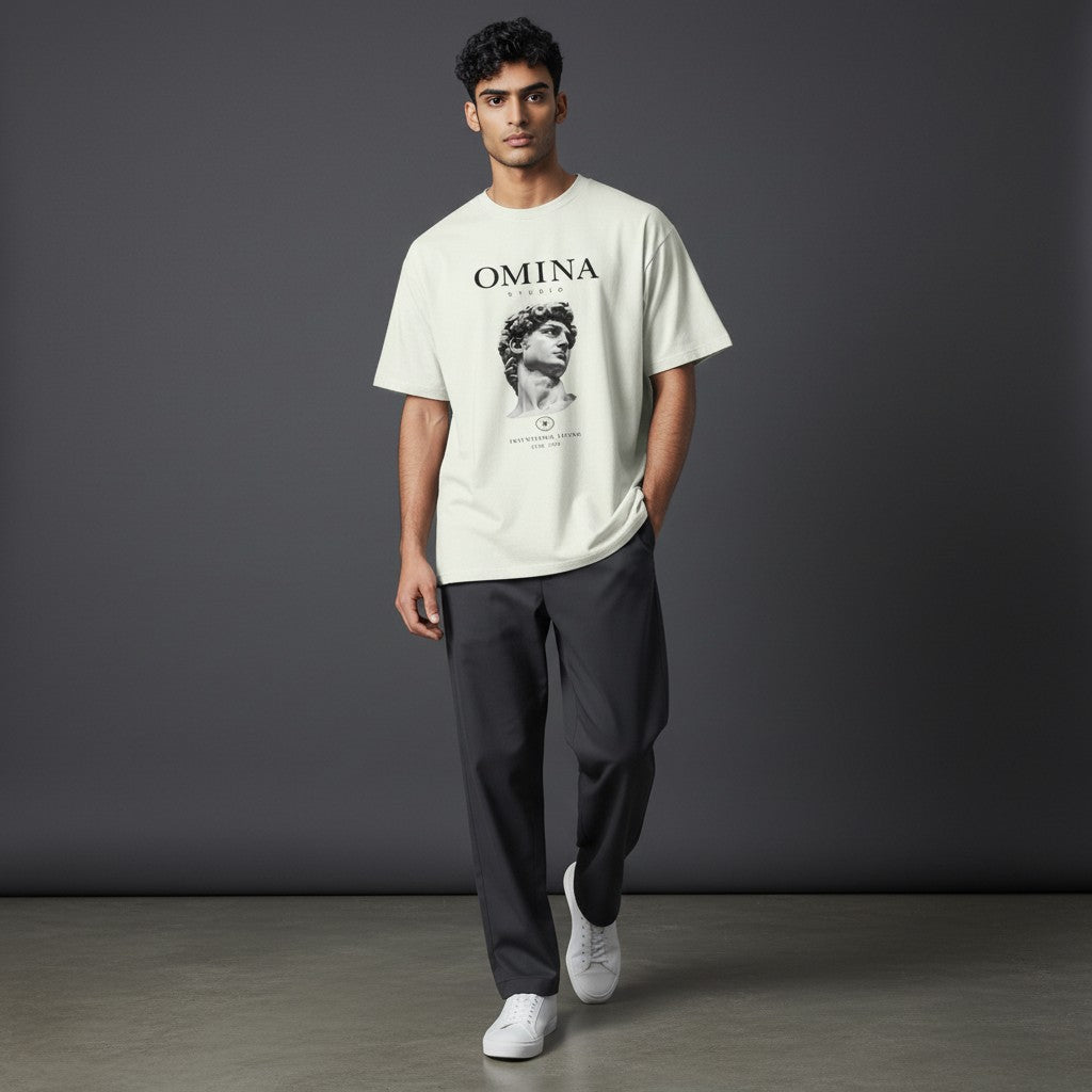 Omina Studio Intentional Living T-Shirt in cream, made from heavyweight cotton with a relaxed fit and graphic print.
