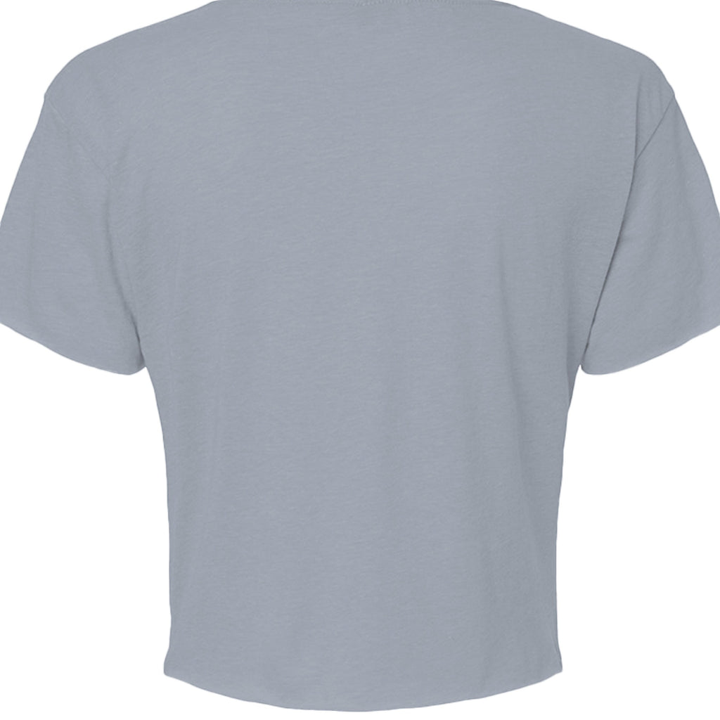 Omina Studio light blue polyester-cotton blend cropped t-shirt with raw edge hem and sleeves.