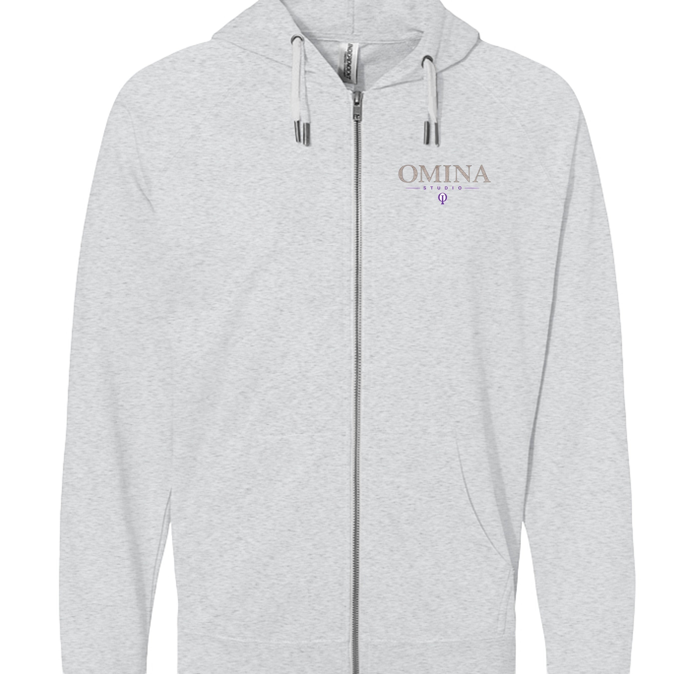 Omina Studio light grey loopback terry zip-up hoodie with relaxed fit and subtle front logo.