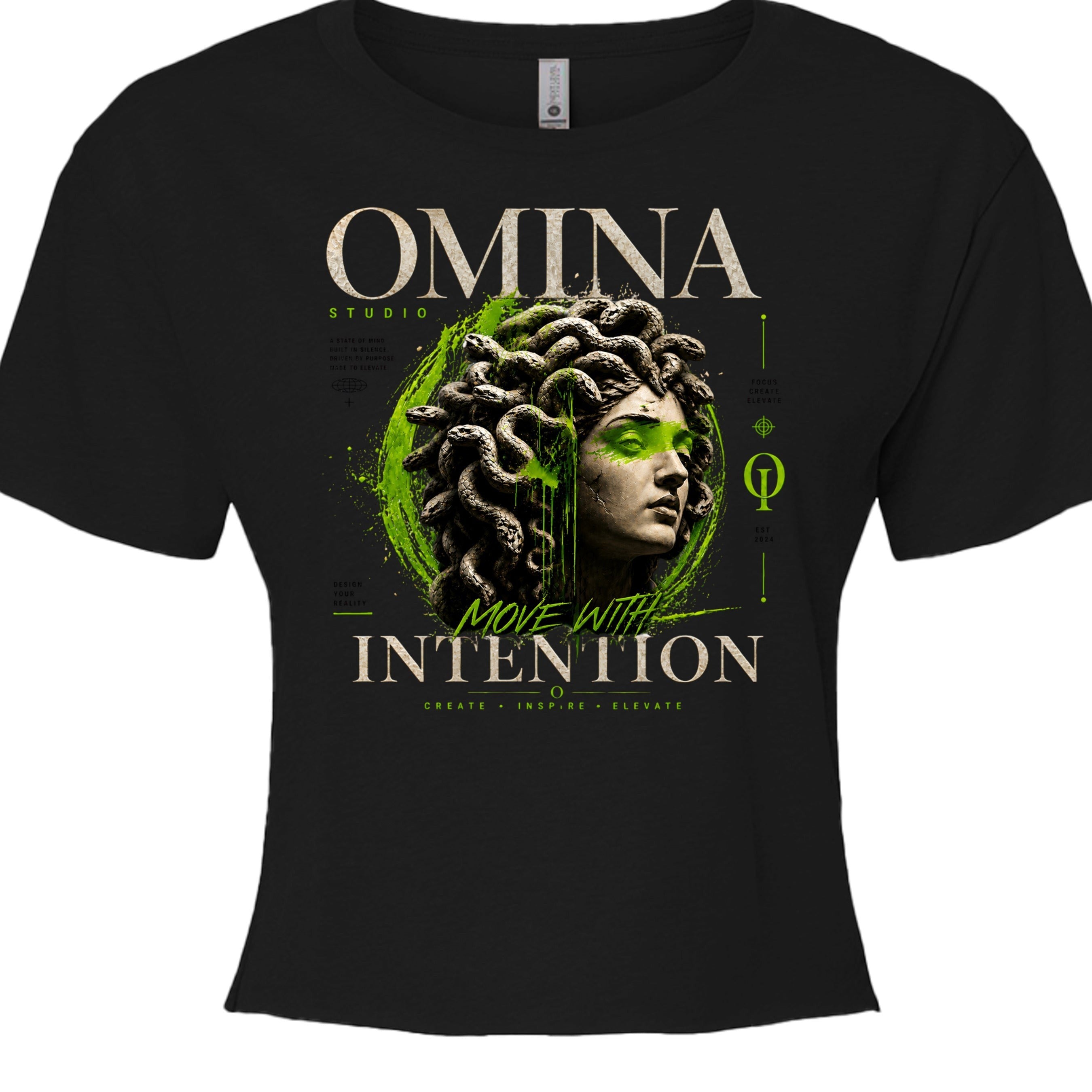 Omina Studio black cropped tee with Medusa bust graphic and "Move With Intention" text. Made of polyester and cotton.