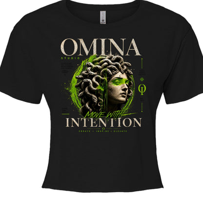 Omina Studio black cropped tee with Medusa bust graphic and "Move With Intention" text. Made of polyester and cotton.