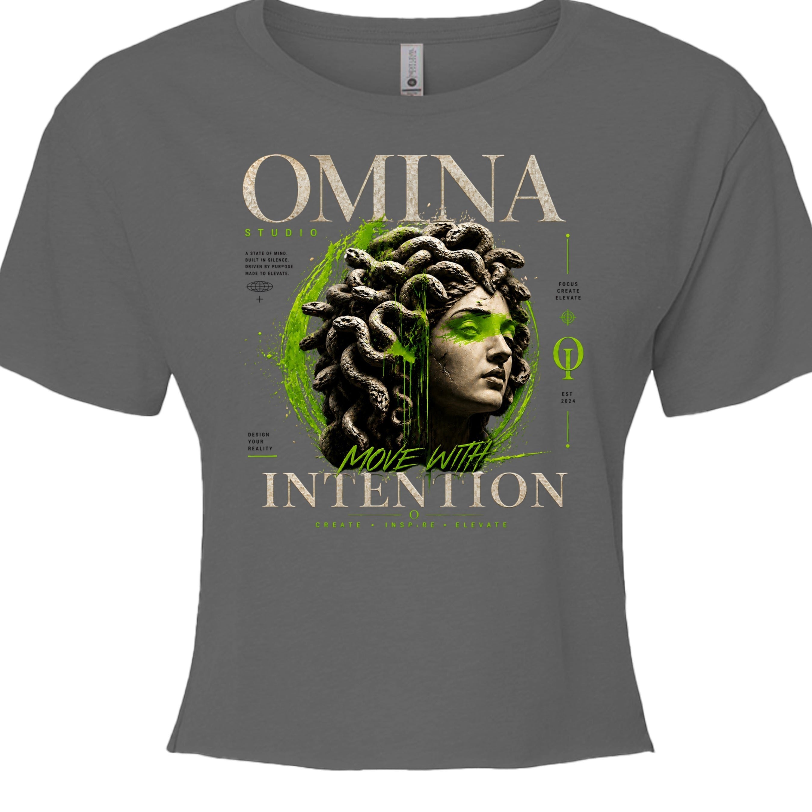 Omina Studio women's grey cropped tee with Medusa bust graphic and "Move With Intention" text. Polyester-cotton blend.