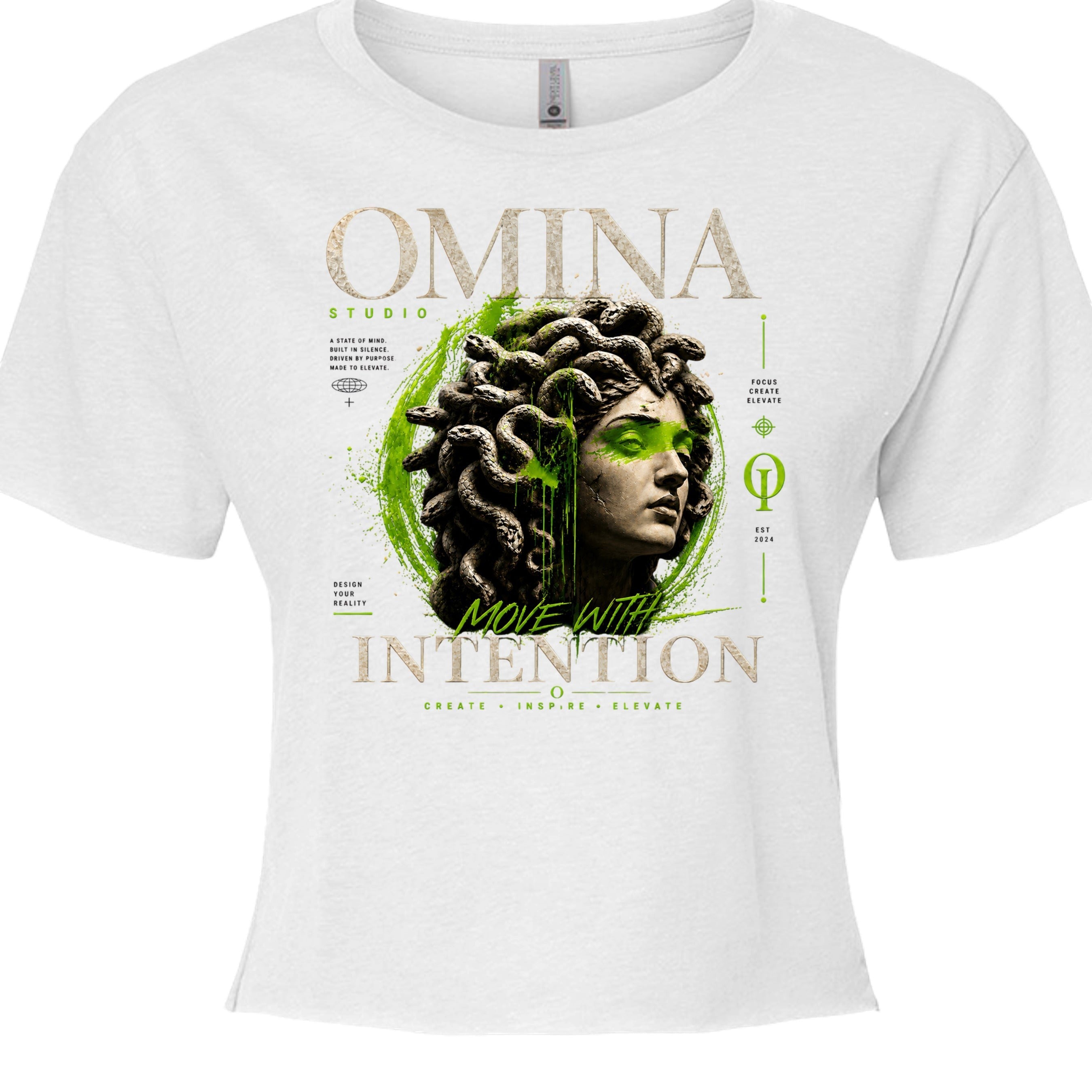 Omina Studio white cropped t-shirt with a Medusa bust graphic and green accents. Relaxed fit, raw hem.